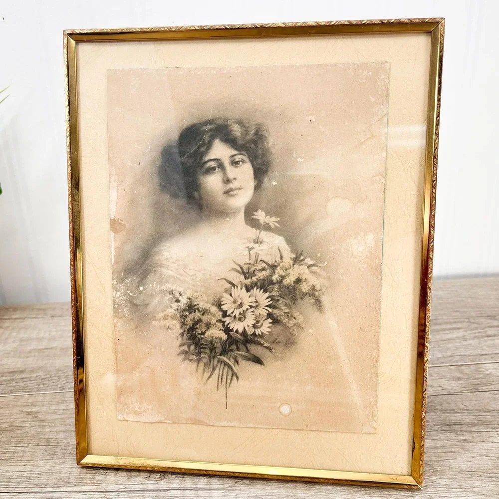 Vintage Photograph of a‎ Woman in Brass Frame 8x10